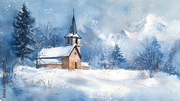 Fototapeta A serene winter landscape featuring a quaint church surrounded by snow-covered trees and mountains.
