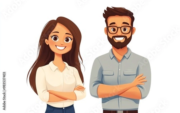 Fototapeta Vector illustration of a friendly office worker man and woman, happy and smiling, front view standing, cartoon characters, white background