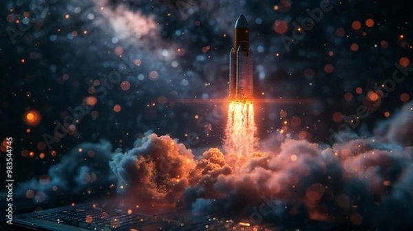 Fototapeta Rocket Exiting Laptop Screen
