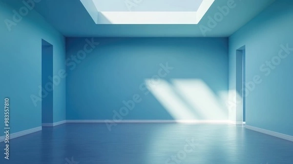 Fototapeta Empty room featuring blue walls and gentle skylight illumination showcasing a minimalist interior design with ample copy space 3D rendered illustration
