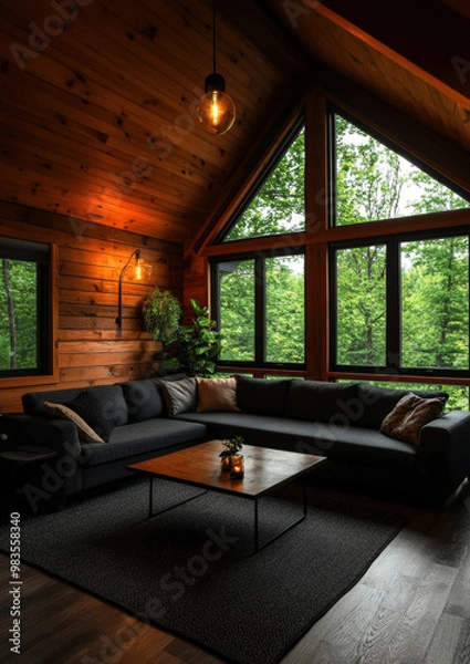 Fototapeta A cozy living room with a couch, coffee table, and potted plant. The room has a warm and inviting atmosphere, perfect for relaxing and spending time with family and friends