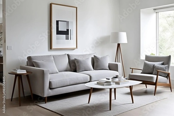 Fototapeta modern living room with sofa, Frame over simple white-toned furniture in front of the white wall, mock-up frame