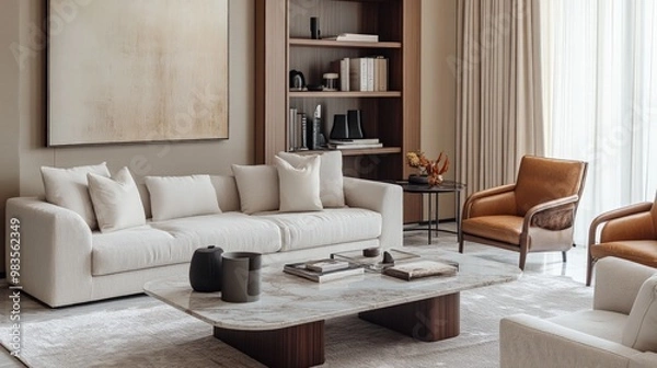 Fototapeta Stylish living room with modern decor, sleek furniture, and a marble coffee table, paired with a minimalist shelving unit and neutral tones