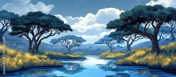 Fototapeta River surrounded by acacia trees on a cloudy day