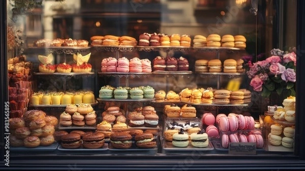 Fototapeta A Parisian bakery window filled with macarons, and other pastries.