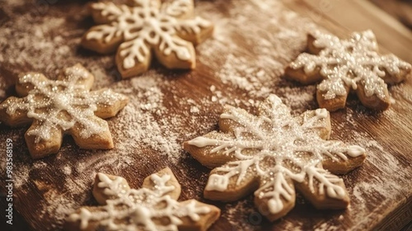 Fototapeta Delicious snowflake-shaped cookies dusted with powdered sugar on a wooden surface, perfect for holiday celebrations.