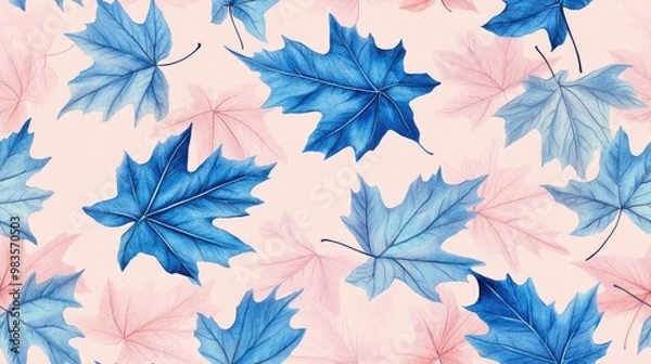 Fototapeta Seamless pattern featuring blue autumn leaves on a soft pink background
