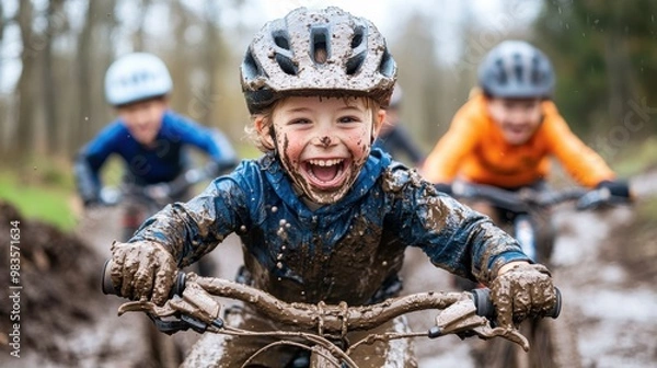 Obraz Three children are captured in action while mountain biking through muddy terrain, showcasing an adventurous and exhilarating outdoor activity filled with fun and excitement.
