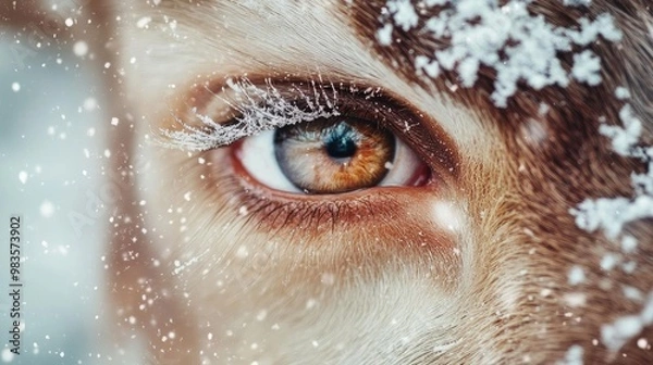 Fototapeta Close-up of a deer eye surrounded by snowflakes, showcasing sharp details and warm colors in a serene winter setting.