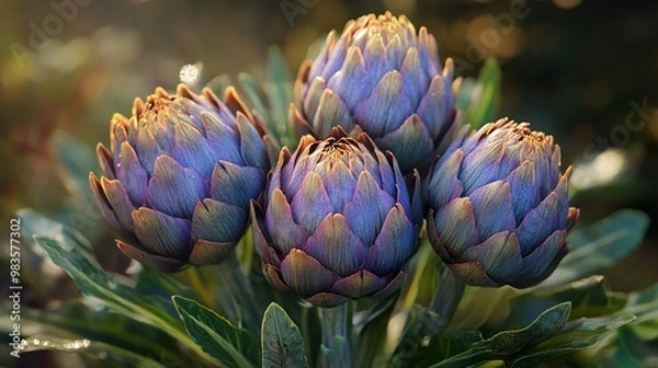Fototapeta Close Up of Purple Artichokes Blooming in a Garden