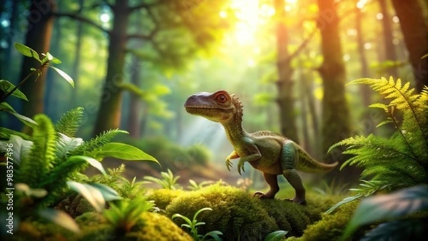 Fototapeta Exploration of a Tiny Dinosaur in a Lush Forest Setting Surrounded by Greenery and Sunlight Ideal for Peaceful s