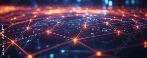 Fototapeta Abstract network design showcasing vibrant lights and interconnected nodes, perfect for technology and digital themes.