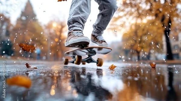 Fototapeta A skateboarder skillfully executing a move on a rainy, leaf-strewn autumn street, expressing vitality and adventure amidst the seasonal and urban backdrop.