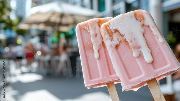 Fototapeta Two melting pink popsicles held by hand in front of an outdoor café, creating a sticky and delicious mess while showcasing the fun and savor of enjoying cold treats.