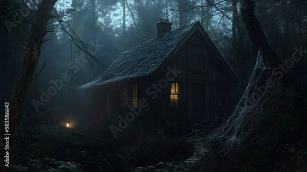 Fototapeta A small wooden cabin with a single lit window stands in a dark and foggy forest, with spiderwebs hanging from the trees.