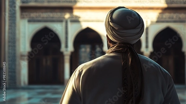 Fototapeta Man in Traditional Attire Standing in Front of an Islamic Archway