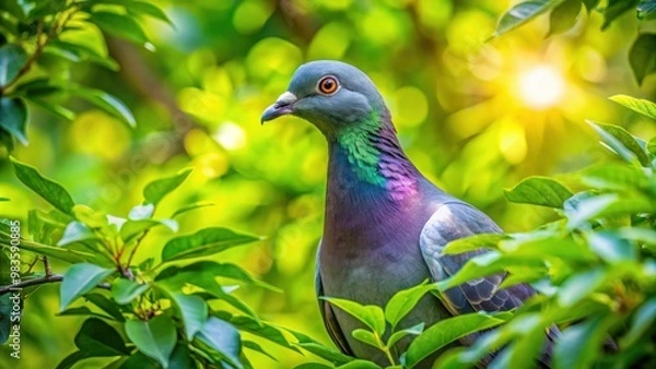 Fototapeta Pigeon perched high in lush tree canopy surrounded by vibrant green leaves