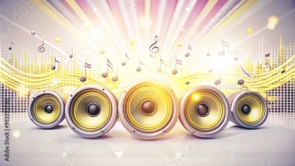 Obraz Five golden speakers with musical notes and a colorful background.