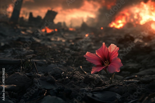 Fototapeta Resilience in the Ashes: A single pink flower blossoms amidst the charred remains of a wildfire, symbolizing hope and renewal in the face of destruction.  