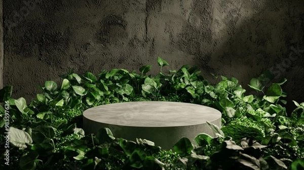 Fototapeta A minimalist display pedestal surrounded by lush greenery, creating a serene and artistic atmosphere for product presentation.