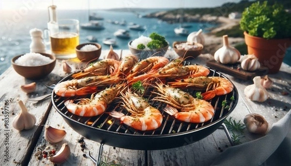 Fototapeta Garnelen auf einem Grill