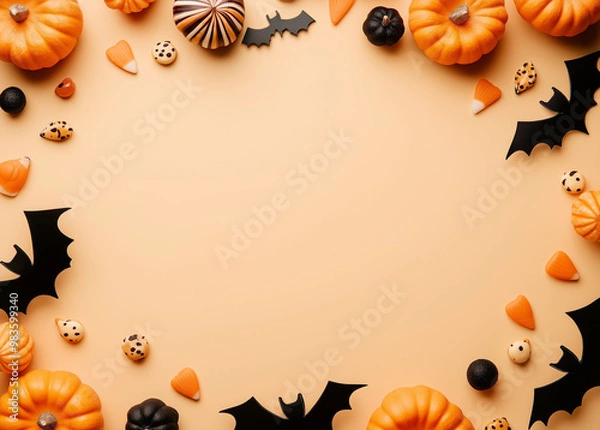Obraz Halloween frame with bats, pumpkins and candy on beige background top view flat lay stock photo contest winner