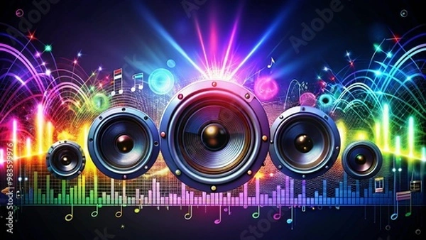 Obraz Five speakers with colorful lights and music notes on a dark background.