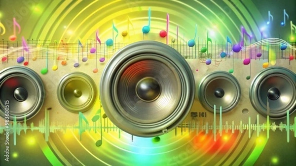 Fototapeta Five speakers with musical notes and sound waves.