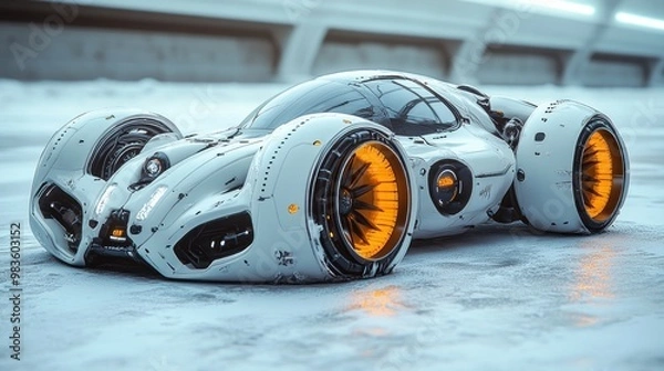 Fototapeta Futuristic vehicle with sleek design and oversized wheels.