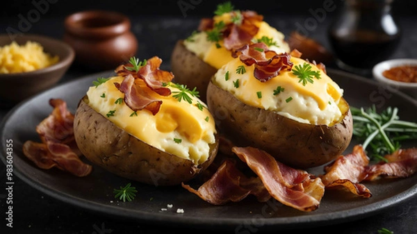 Obraz Baked potatoes with cheese and bacon background