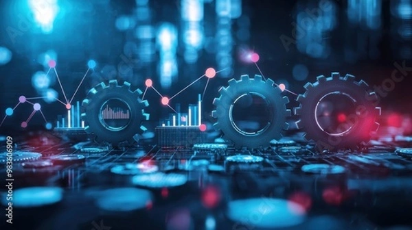 Obraz Futuristic Digital Technology Backdrop with Circuit Boards and Data Analytics Visualizations