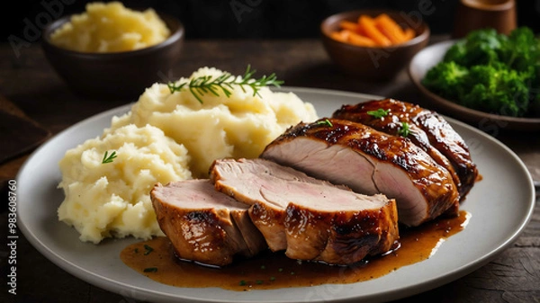 Fototapeta Roasted pork with mashed potatoes background
