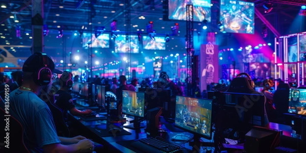 Fototapeta Game expo, world division, gaming industry event or gaming competition amusement, with many live-action players. entertainment conference. hand-edited generative AI. 