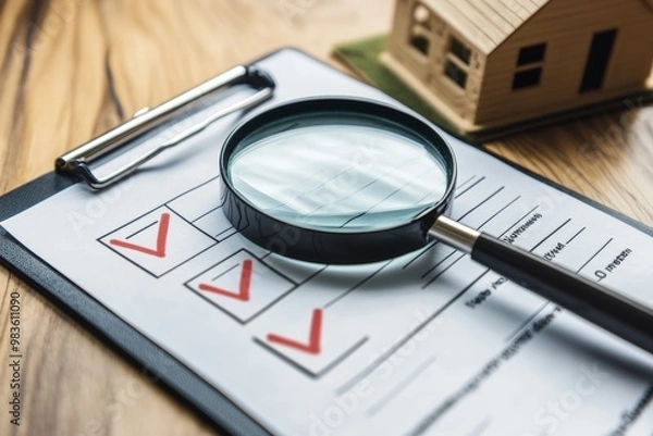 Obraz Magnifying Glass Over Checklist with House Model