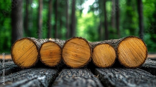 Obraz Environmental Impact of Deforestation: Close-up of Felled Trees in Forest with Copy Space for Text