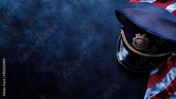 Obraz Police hat and flag on dark textured background