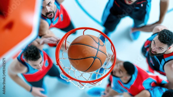 Fototapeta Dynamic overhead shot of basketball players focused on the game as the ball approaches the hoop in an intense moment.