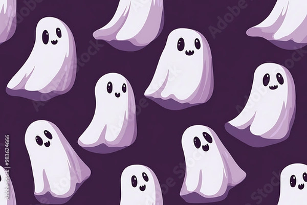 Fototapeta A playful pattern of various cartoon ghosts with expressive faces on a   background. The ghosts have wide eyes and open mouths, evoking surprise or fright. Ideal for Halloween designs