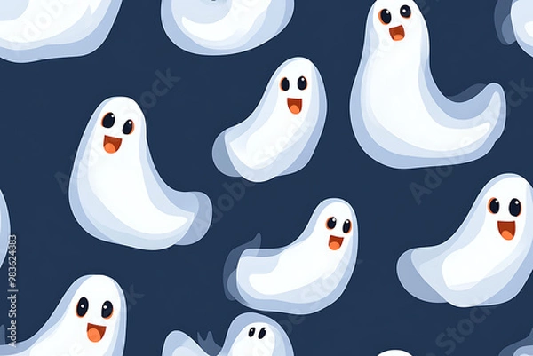 Fototapeta A playful pattern of various cartoon ghosts with expressive faces on a   background. The ghosts have wide eyes and open mouths, evoking surprise or fright. Ideal for Halloween designs. AI-generated