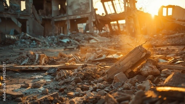 Fototapeta Debris of collapsed structures following seismic activity
