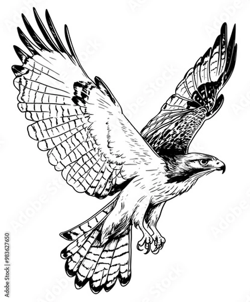 Fototapeta Black and white illustration of a red-tailed hawk in flight, showcasing detailed feathers and outstretched wings.
