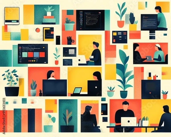 Fototapeta Creative scene of adults participating in lifelong learning through webinars, online courses, and interactive platforms, modern and colorful design