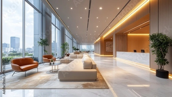 Fototapeta Modern office lobby with sleek furniture and large windows.