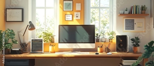 Fototapeta Modern depiction of a writer s workspace with various writing tools and tech gadgets, clean and engaging design, bright and inviting atmosphere