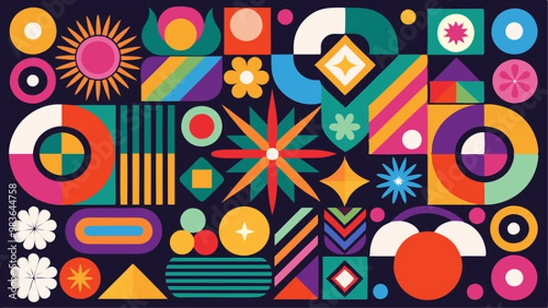 Fototapeta vector set of brutalist geometric shapes. Trendy abstract minimalist figures, stars, flowes, circles. Modern abstract graphic design elements.Vector illustration