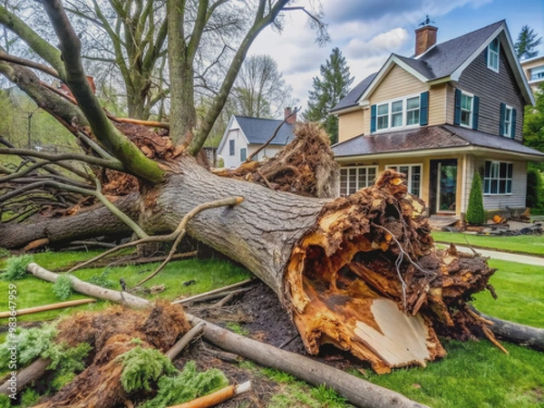 Fototapeta Aftermath of a devastating tornado in Michigan, a massive fallen tree lies torn and twisted in a residential backyard, surrounded by debris and wreckage.