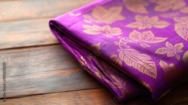 Fototapeta A vibrant purple cotton sari with subtle floral patterns, neatly folded on a wooden table, plain white background.