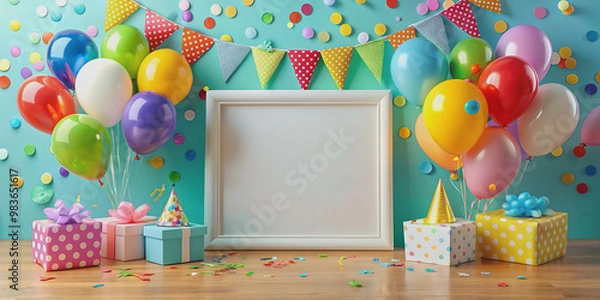 Fototapeta Celebrate special moments with this vibrant scene featuring an empty white frame surrounded by colorful balloons, streamers, and birthday decorations, perfect for adding custom text.