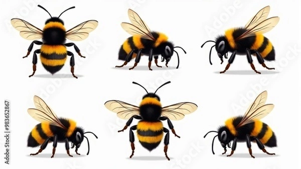 Fototapeta Detailed Illustration of Honey Bees in Various Poses on a White Background, Perfect for Educational and Environmental Use