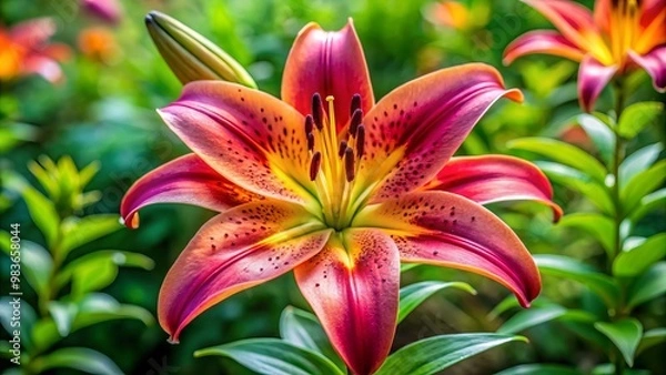 Fototapeta Vibrant Starburst Lily blossoms in brilliant colors stand out against a soft green garden background, offering a